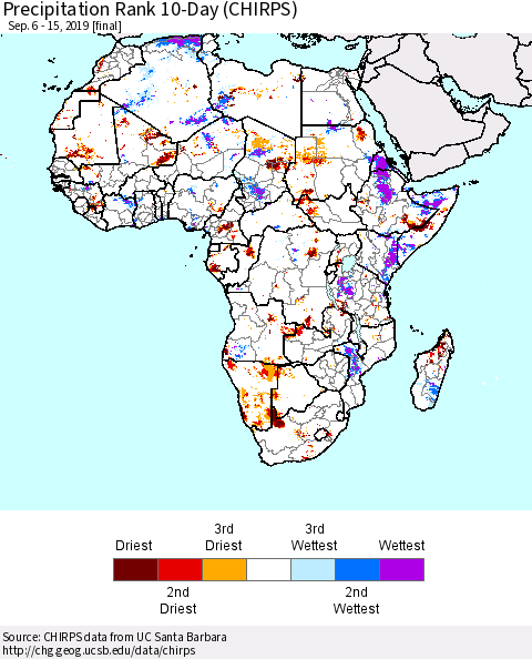 Africa Precipitation Rank since 1981, 10-Day (CHIRPS) Thematic Map For 9/6/2019 - 9/15/2019