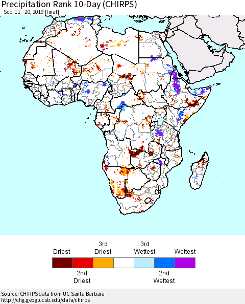 Africa Precipitation Rank since 1981, 10-Day (CHIRPS) Thematic Map For 9/11/2019 - 9/20/2019