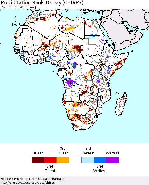 Africa Precipitation Rank since 1981, 10-Day (CHIRPS) Thematic Map For 9/16/2019 - 9/25/2019