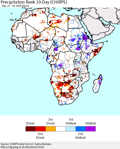 Africa Precipitation Rank since 1981, 10-Day (CHIRPS) Thematic Map For 9/21/2019 - 9/30/2019