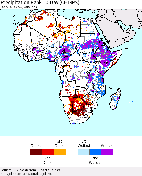 Africa Precipitation Rank since 1981, 10-Day (CHIRPS) Thematic Map For 9/26/2019 - 10/5/2019