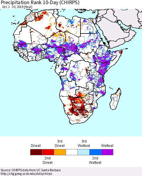 Africa Precipitation Rank since 1981, 10-Day (CHIRPS) Thematic Map For 10/1/2019 - 10/10/2019