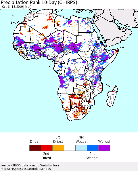 Africa Precipitation Rank since 1981, 10-Day (CHIRPS) Thematic Map For 10/6/2019 - 10/15/2019
