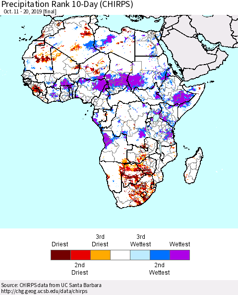 Africa Precipitation Rank since 1981, 10-Day (CHIRPS) Thematic Map For 10/11/2019 - 10/20/2019