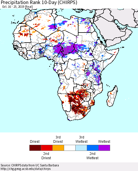 Africa Precipitation Rank since 1981, 10-Day (CHIRPS) Thematic Map For 10/16/2019 - 10/25/2019