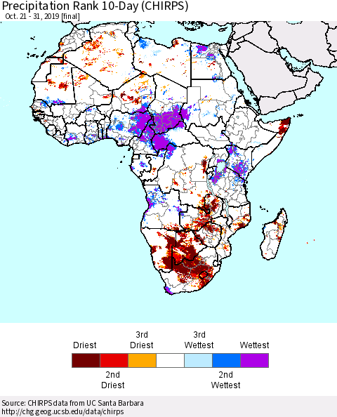Africa Precipitation Rank since 1981, 10-Day (CHIRPS) Thematic Map For 10/21/2019 - 10/31/2019