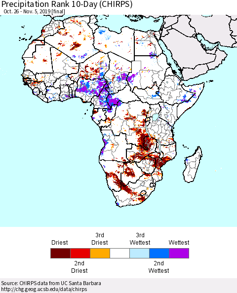 Africa Precipitation Rank since 1981, 10-Day (CHIRPS) Thematic Map For 10/26/2019 - 11/5/2019