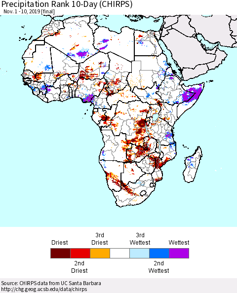 Africa Precipitation Rank since 1981, 10-Day (CHIRPS) Thematic Map For 11/1/2019 - 11/10/2019