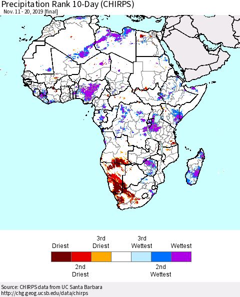 Africa Precipitation Rank since 1981, 10-Day (CHIRPS) Thematic Map For 11/11/2019 - 11/20/2019
