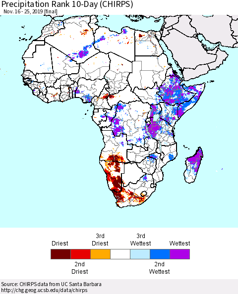 Africa Precipitation Rank since 1981, 10-Day (CHIRPS) Thematic Map For 11/16/2019 - 11/25/2019