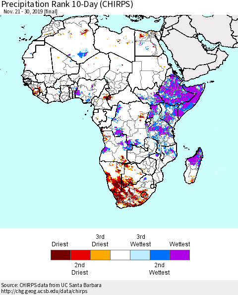 Africa Precipitation Rank since 1981, 10-Day (CHIRPS) Thematic Map For 11/21/2019 - 11/30/2019