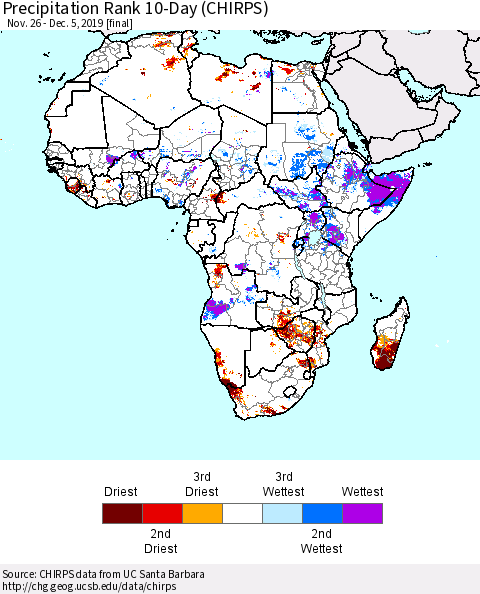 Africa Precipitation Rank since 1981, 10-Day (CHIRPS) Thematic Map For 11/26/2019 - 12/5/2019