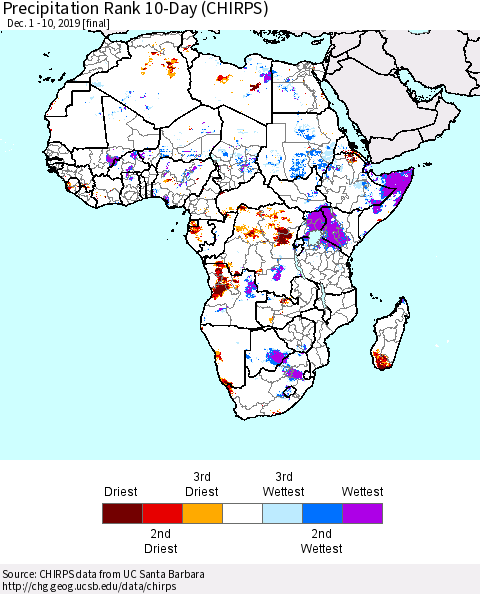 Africa Precipitation Rank since 1981, 10-Day (CHIRPS) Thematic Map For 12/1/2019 - 12/10/2019