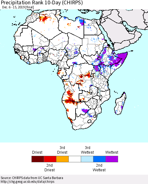 Africa Precipitation Rank since 1981, 10-Day (CHIRPS) Thematic Map For 12/6/2019 - 12/15/2019