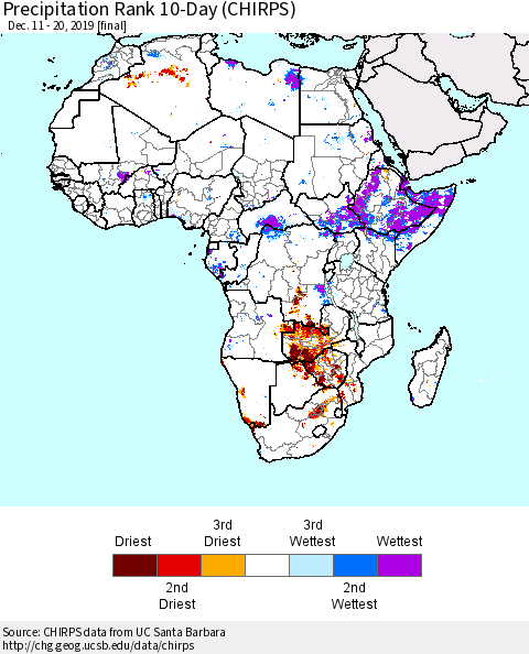 Africa Precipitation Rank since 1981, 10-Day (CHIRPS) Thematic Map For 12/11/2019 - 12/20/2019