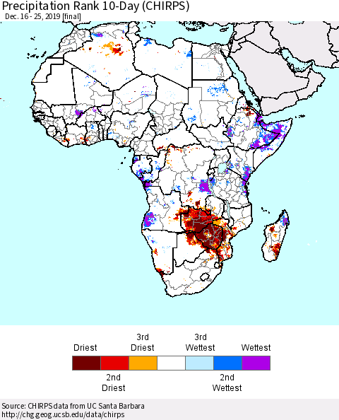Africa Precipitation Rank since 1981, 10-Day (CHIRPS) Thematic Map For 12/16/2019 - 12/25/2019