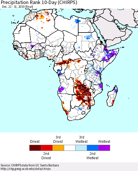 Africa Precipitation Rank since 1981, 10-Day (CHIRPS) Thematic Map For 12/21/2019 - 12/31/2019