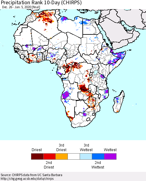 Africa Precipitation Rank since 1981, 10-Day (CHIRPS) Thematic Map For 12/26/2019 - 1/5/2020