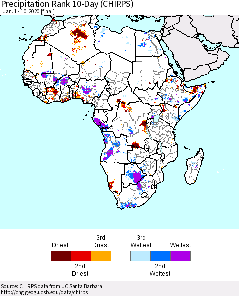 Africa Precipitation Rank since 1981, 10-Day (CHIRPS) Thematic Map For 1/1/2020 - 1/10/2020
