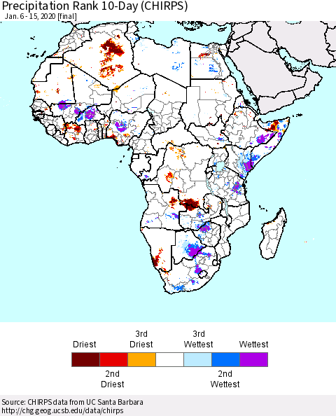 Africa Precipitation Rank since 1981, 10-Day (CHIRPS) Thematic Map For 1/6/2020 - 1/15/2020