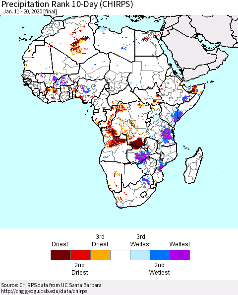 Africa Precipitation Rank since 1981, 10-Day (CHIRPS) Thematic Map For 1/11/2020 - 1/20/2020