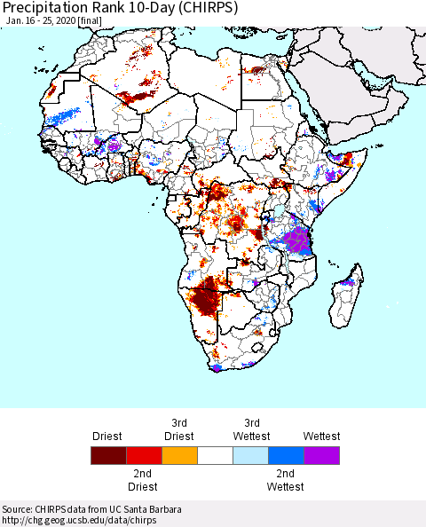 Africa Precipitation Rank since 1981, 10-Day (CHIRPS) Thematic Map For 1/16/2020 - 1/25/2020