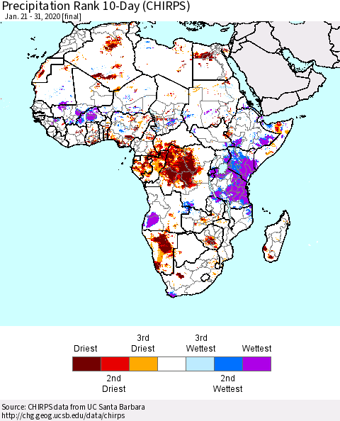 Africa Precipitation Rank since 1981, 10-Day (CHIRPS) Thematic Map For 1/21/2020 - 1/31/2020