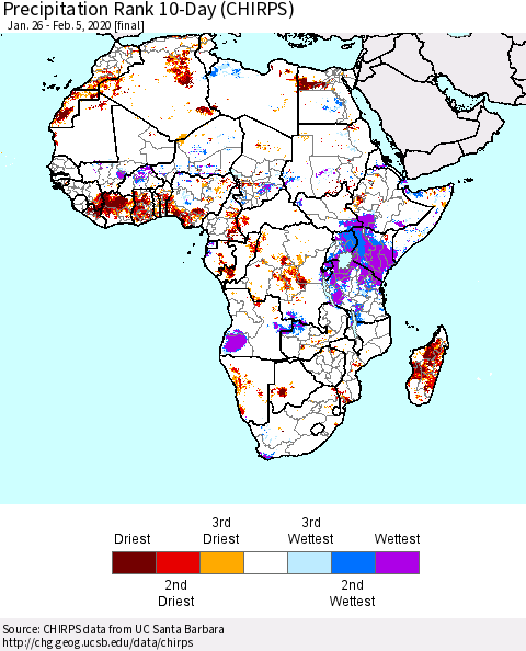 Africa Precipitation Rank since 1981, 10-Day (CHIRPS) Thematic Map For 1/26/2020 - 2/5/2020