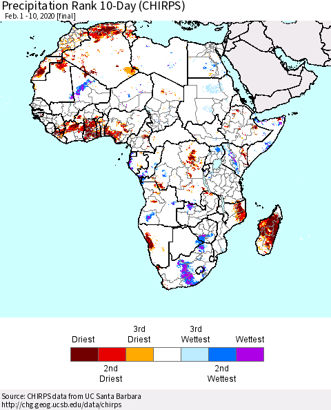 Africa Precipitation Rank since 1981, 10-Day (CHIRPS) Thematic Map For 2/1/2020 - 2/10/2020