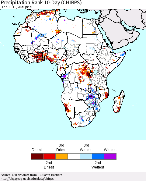 Africa Precipitation Rank since 1981, 10-Day (CHIRPS) Thematic Map For 2/6/2020 - 2/15/2020