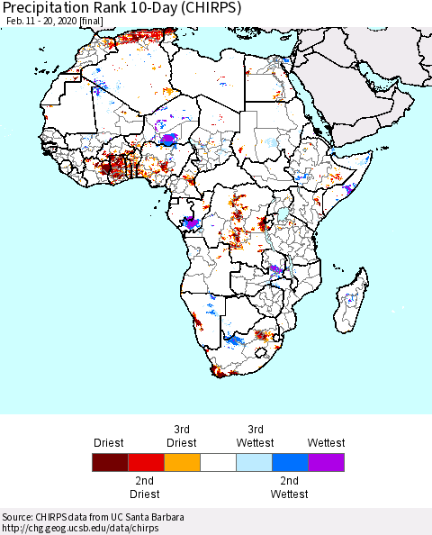 Africa Precipitation Rank since 1981, 10-Day (CHIRPS) Thematic Map For 2/11/2020 - 2/20/2020