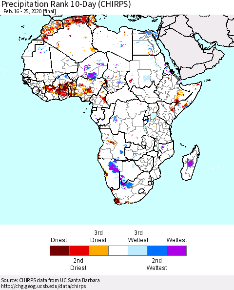 Africa Precipitation Rank since 1981, 10-Day (CHIRPS) Thematic Map For 2/16/2020 - 2/25/2020
