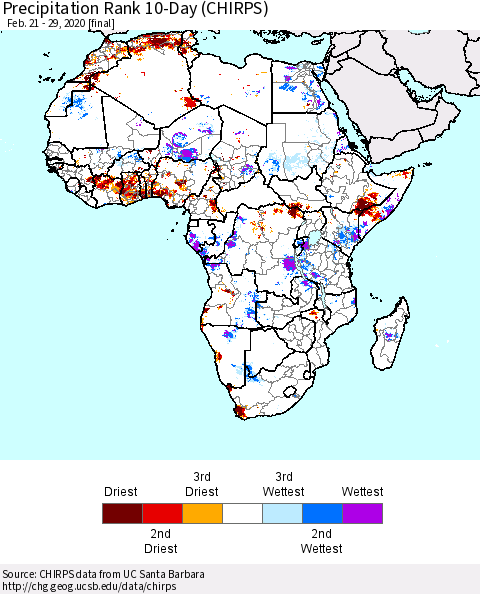 Africa Precipitation Rank since 1981, 10-Day (CHIRPS) Thematic Map For 2/21/2020 - 2/29/2020