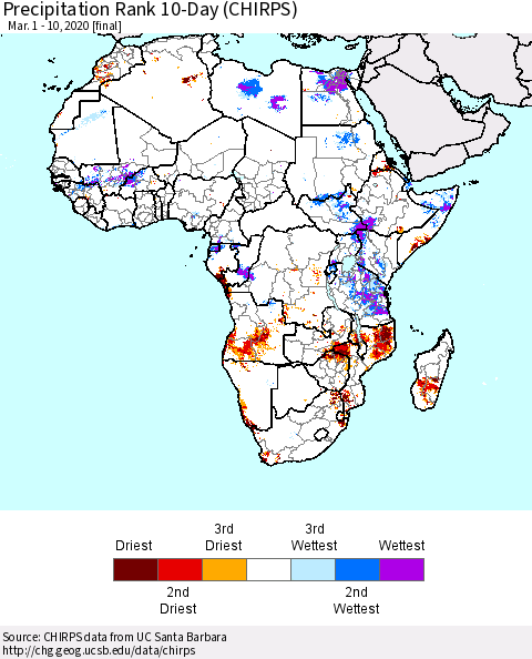 Africa Precipitation Rank since 1981, 10-Day (CHIRPS) Thematic Map For 3/1/2020 - 3/10/2020