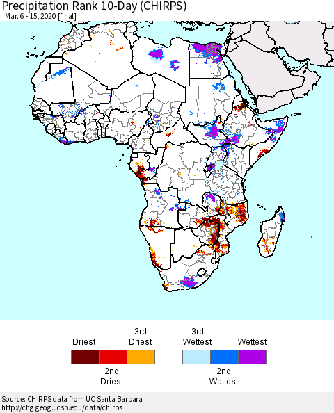 Africa Precipitation Rank 10-Day (CHIRPS) Thematic Map For 3/6/2020 - 3/15/2020