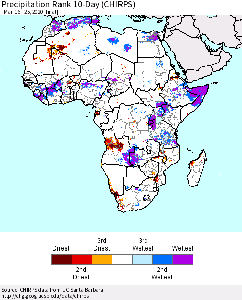 Africa Precipitation Rank 10-Day (CHIRPS) Thematic Map For 3/16/2020 - 3/25/2020
