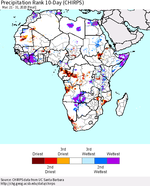 Africa Precipitation Rank 10-Day (CHIRPS) Thematic Map For 3/21/2020 - 3/31/2020