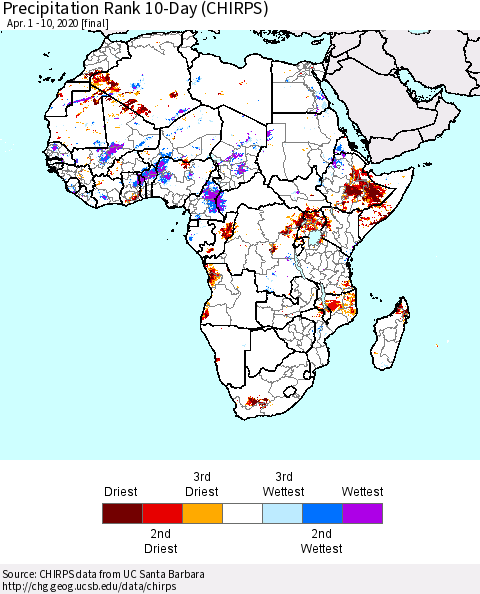 Africa Precipitation Rank since 1981, 10-Day (CHIRPS) Thematic Map For 4/1/2020 - 4/10/2020