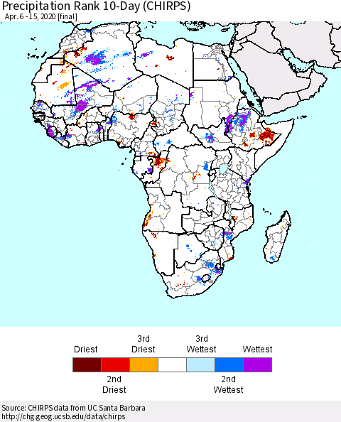 Africa Precipitation Rank 10-Day (CHIRPS) Thematic Map For 4/6/2020 - 4/15/2020