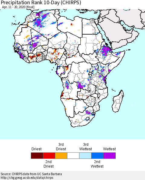 Africa Precipitation Rank since 1981, 10-Day (CHIRPS) Thematic Map For 4/11/2020 - 4/20/2020