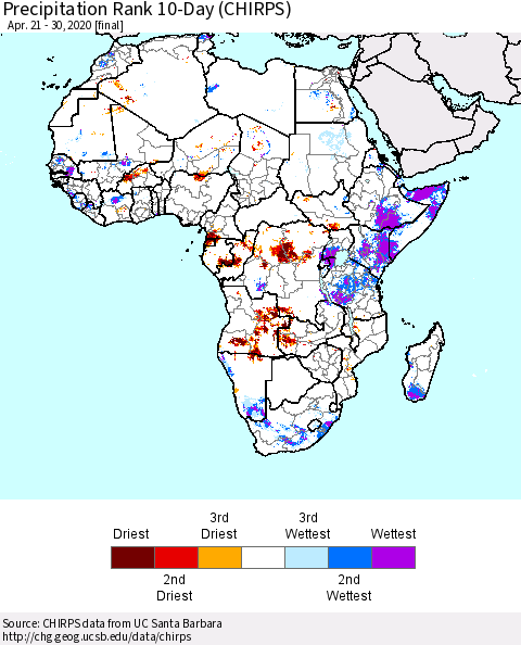 Africa Precipitation Rank since 1981, 10-Day (CHIRPS) Thematic Map For 4/21/2020 - 4/30/2020