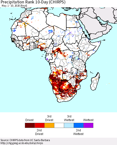 Africa Precipitation Rank 10-Day (CHIRPS) Thematic Map For 5/1/2020 - 5/10/2020