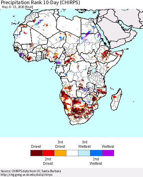 Africa Precipitation Rank since 1981, 10-Day (CHIRPS) Thematic Map For 5/6/2020 - 5/15/2020