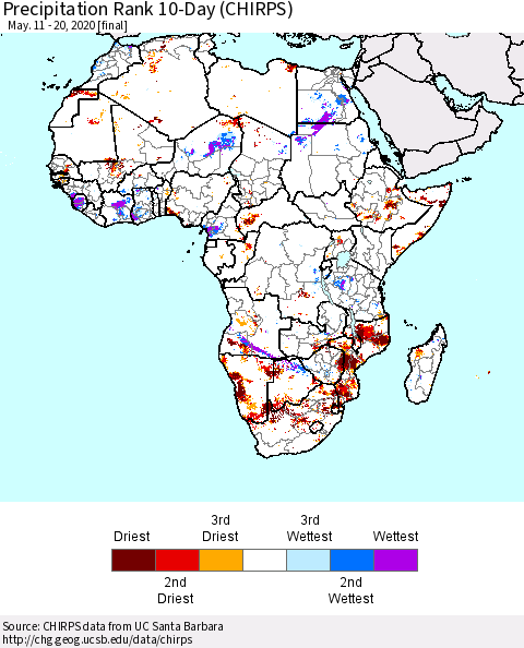 Africa Precipitation Rank 10-Day (CHIRPS) Thematic Map For 5/11/2020 - 5/20/2020