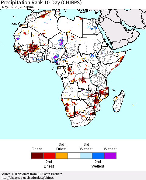 Africa Precipitation Rank 10-Day (CHIRPS) Thematic Map For 5/16/2020 - 5/25/2020