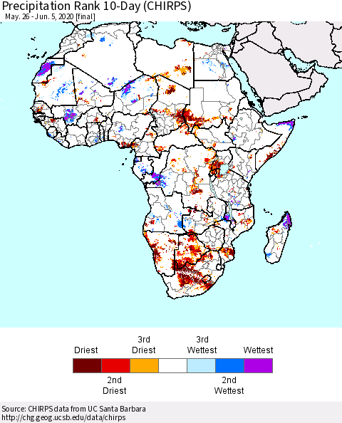 Africa Precipitation Rank 10-Day (CHIRPS) Thematic Map For 5/26/2020 - 6/5/2020