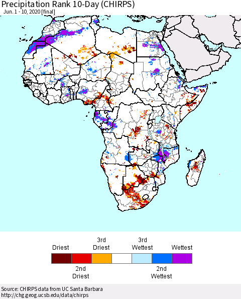 Africa Precipitation Rank 10-Day (CHIRPS) Thematic Map For 6/1/2020 - 6/10/2020
