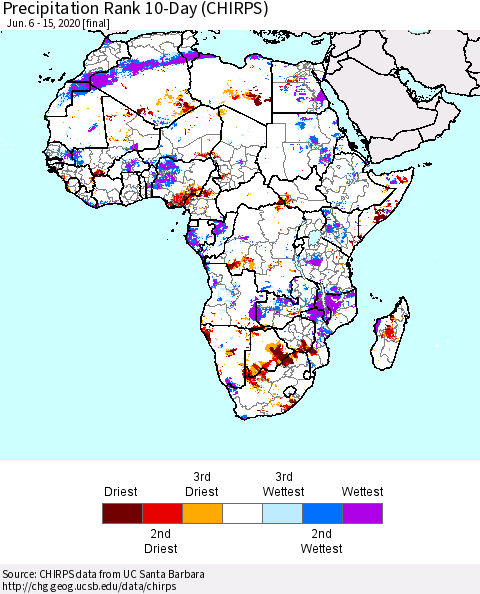 Africa Precipitation Rank 10-Day (CHIRPS) Thematic Map For 6/6/2020 - 6/15/2020