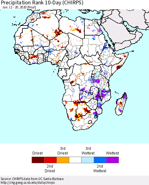 Africa Precipitation Rank 10-Day (CHIRPS) Thematic Map For 6/11/2020 - 6/20/2020