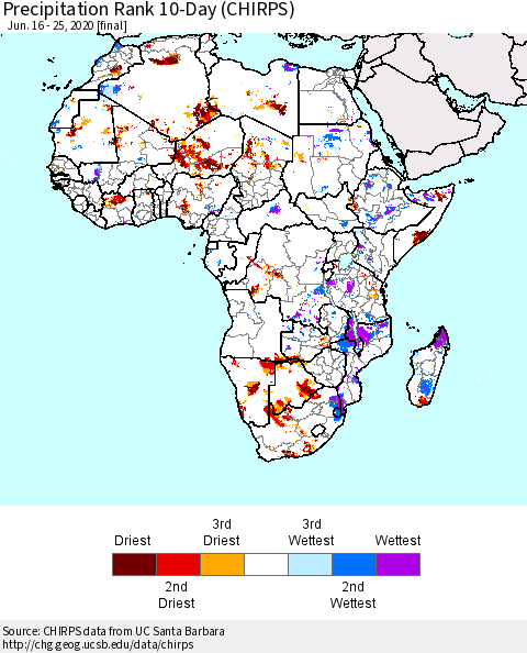 Africa Precipitation Rank 10-Day (CHIRPS) Thematic Map For 6/16/2020 - 6/25/2020